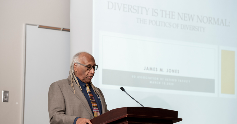 James Jones, African American Studies gives the UDARF talk to an audience of retired faculty about race and enrollment at UD.