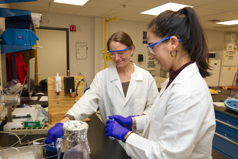 2020-02-26__CANR_ANFS_Graduate-Program_Amy-Biddle_Alexa-Johnson_Gisselle-Garcia Graduate students Alexa Johnson and Gisselle Garcia and undergraduate Ariel Strouse working on research with Dr. Amy Biddle in ANFS.