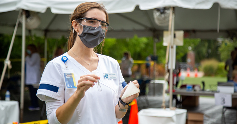 Students in the UD School of Nursing, along with other health sciences students, have been assisting with COVID-19 testing on campus during the fall semester. The training is a part of their curriculum and also gives them much needed clinical hours in order to graduate. Testing takes part on Harrington and Laird turfs.