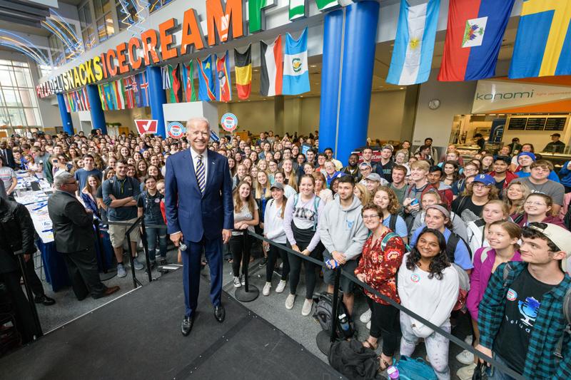 Vice President Joe Biden pays a visit to the Trabant University Center for "National Register to Vote Day" to encourage students to register to vote. Assistants were also on-hand to get students registered and give them information on absentee voting if they're from out of state.  - (Evan Krape / University of Delaware)