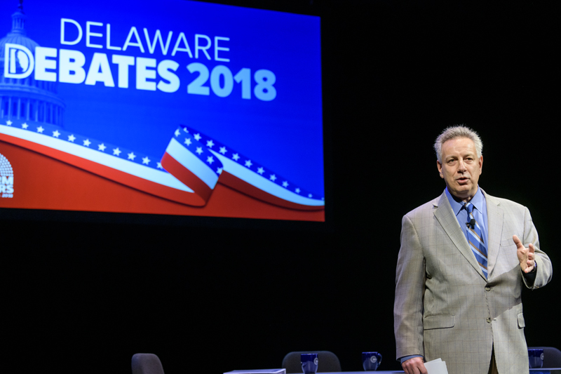 Delaware Debates 2018 held by the Center for Political Communication and Delaware Public Media. Pictured: U.S. House of Representatives Debate between incumbent Lisa Blunt Rochester (D) and Scott Walker (R) moderated by Ralph Begleiter. - (Evan Krape / University of Delaware)