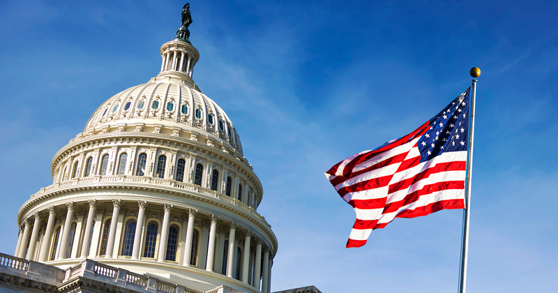 American flag waving with the Capitol Hill in the background