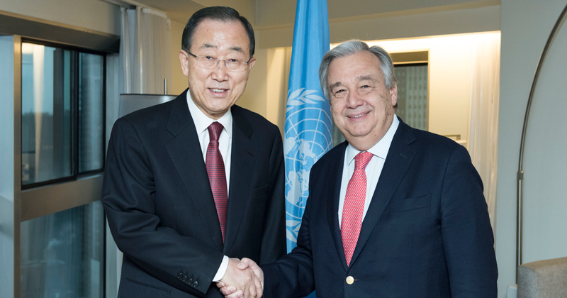 Secretary General Antonio Guterres meets with former Secretary General Ban Ki moon at UN One in NYC