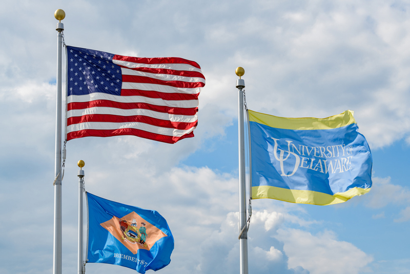 "Stock" images of the American, State of Delaware, and University of Delaware flags taken in the week leading up to the 4th of July.