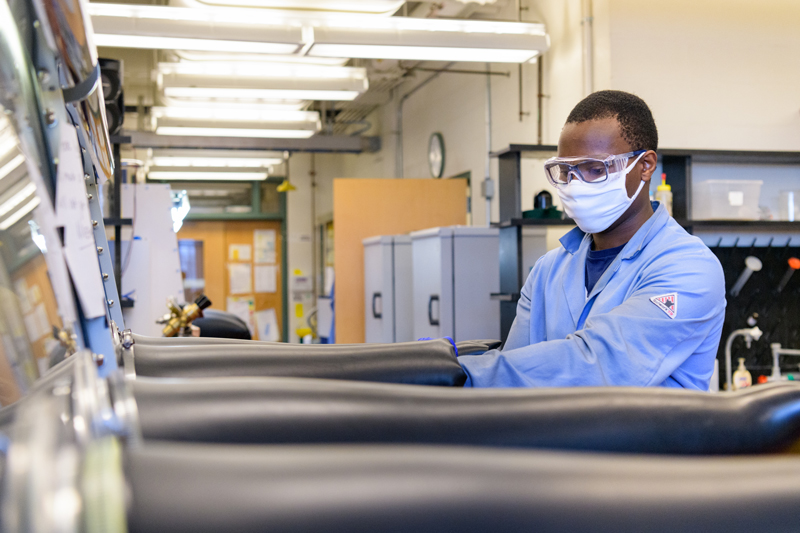 First day of classes for the Fall 2020 semester: Doctoral student members of Donald Watson's Lab working on research projects in Lammot du Pont Lab.Pictured: Doctoral student Olamide Idowu