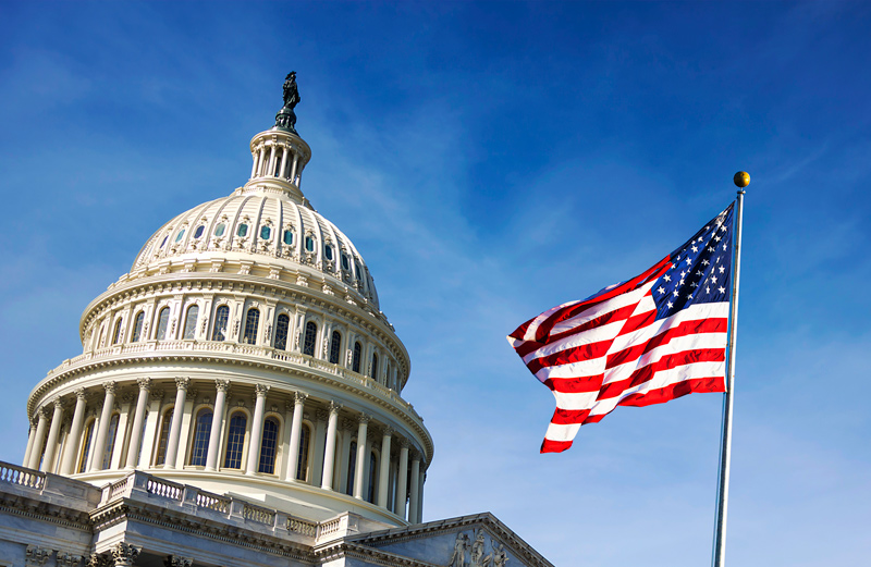 US Capitol with flag nearby