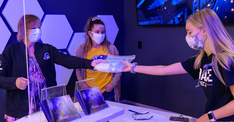 Various scenes from campus on the first day of the Fall 2020 Semester: UD's return to in-person teaching on a limited basis since the start of the COVID-19 pandemic lockdown.

Pictured: Handing out care packages to students in the Perkins Student Center