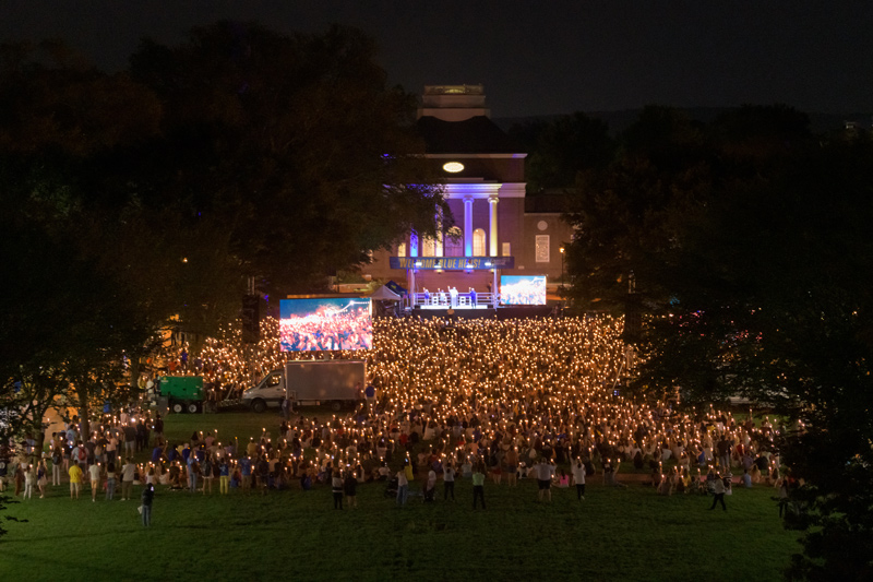 The 1743 Welcome Days Twilight Induction Ceremony, postponed a day by rain, was held on the North Green on August 31, 2021. Due to the 2020 ceremony being canceled due to COVID-19, the 2021 ceremony was the first to welcome two class years - freshmen from the Class of 2025 and Sophomores from the Class of 2024 - to the University in one ceremony.  The event featured remarks from University of Delaware President Dennis Assanis, Provost Robin Morgan, Student Government Association President Kasiyah Tatem, and Vice President for Student Life José-Luis Riera.