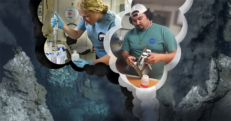 Seen here over a background showing a hydrothermal vent, Nicole Coffey and Richard Rosas joined School of Marine Science and Policy Professor George Luther on a research cruise as undergraduates and had the opportunity to travel to the deep sea in the Alvin submersible.