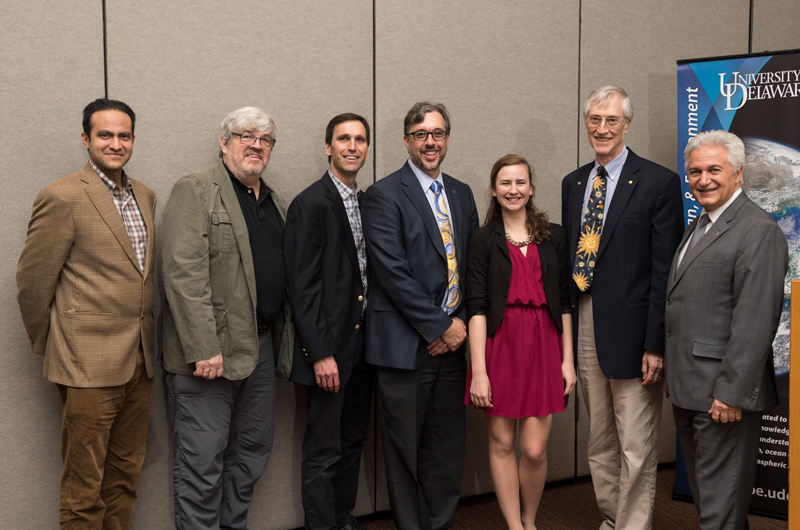 Elaine Stewart was on hand when Nobel Laureate John Mather (second from right) came to UD to speak in 2019. Mather, senior project scientist for the James Webb Space Telescope project at NASA’s Goddard Space Flight Center, was among Stewart’s mentors when she interned at Goddard. She now works as an aerospace engineer for NASA and is on site for the launch of the telescope from French Guiana. Also in this pre-pandemic photograph are (left to right) Saleem Ali, Blue and Gold Distinguished Professor of Energy and the Environment; William Matthaeus, Unidel Professor of Physics and Astronomy and director of the Delaware Space Grant Program; Michael Shay, professor of physics and astronomy; Norm Wagner, Unidel Robert L. Pigford Chair in Chemical and Biomolecular Engineering, and Mohsen Badie, professor of electrical and computer engineering.