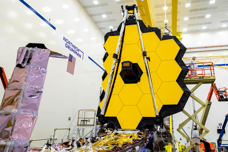 In May 2021, the Webb telescope was having its sunshield packed up and prepped for launch, and the final test fold of the mirror wings was also taking place at the Northrop Gruman facility in California.