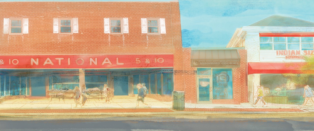 Main street during the day 5 and 10 and Indian Sizzler Illustration of Main St