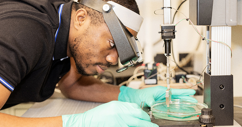 Doctoral student Abass Okeola conducts an adhesion test on a mussel thread.