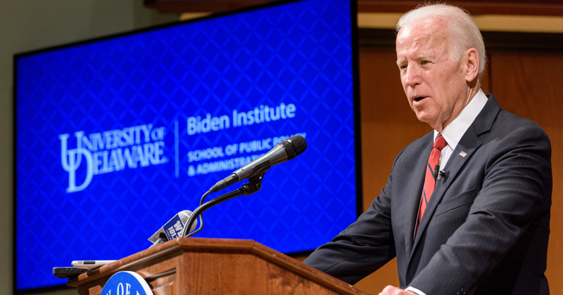 Official announcement for the creation of the Biden Domestic Policy Institute and the following reception at the University President's residence. The Biden Institute is "a new research and policy center focused on developing public policy solutions on issues ranging from economic reform and environmental sustainability to civil rights, criminal justice, women’s rights and more" [UDaily].- (Evan Krape / University of Delaware)