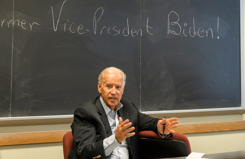 Vice President Joe Biden meets and sits down with faculty from the Public Policy Institute during a recent tour of the campus, Friday, May 12th, 2017. 
