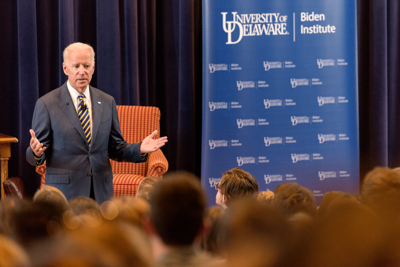 Biden Institute "UDISCUSS: A Conversation with Vice President Joe Biden" town hall with former Vice President Biden and students with questions posed by outgoing Student Body President Natalie Criscenzo. The topic of the town hall centered on ways to reduce violence against women and sexual assault and harassment. - (Evan Krape / University of Delaware)