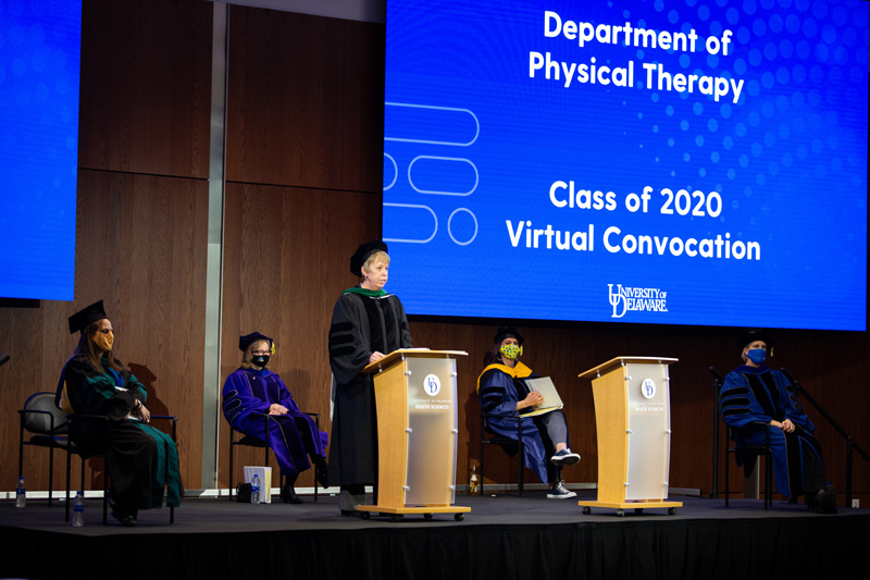 CHS-PT_Convocation-2021-010821 The Physical Therapy class of 2021 celebrated their graduation virtually, with speakers in the audion in the Tower at STAR: Dean Kathy Matt, PT Department Chair Darcy Reisman, PT graduate Kiersten McCartney, faculty address by Laura Schmitt and recognition of graduates by Ellen Wruble.
