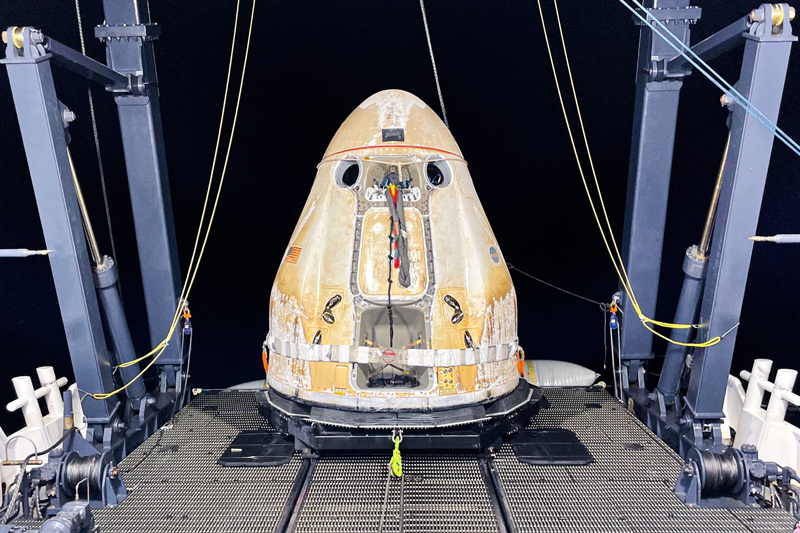 SpaceX CRS-22 Return After its successful parachute-assisted splashdown off the coast of Tallahassee, Florida, at 11:29 p.m. EST on July 9, 2021, the cargo Dragon spacecraft was loaded aboard SpaceX’s Go Navigator recovery ship. The SpaceX cargo Dragon returned more than 5,300 pounds of scientific experiments and other cargo from the International Space Station on SpaceX’s 22nd commercial resupply services mission. Splashing down off the coast of Florida enables quick transportation of the science aboard the capsule to NASA Kennedy Space Center’s Space Station Processing Facility, delivering some science back into the hands of the researchers as soon as four to nine hours after splashdown. This shorter transportation timeframe allows researchers to collect data with minimal loss of microgravity effects.