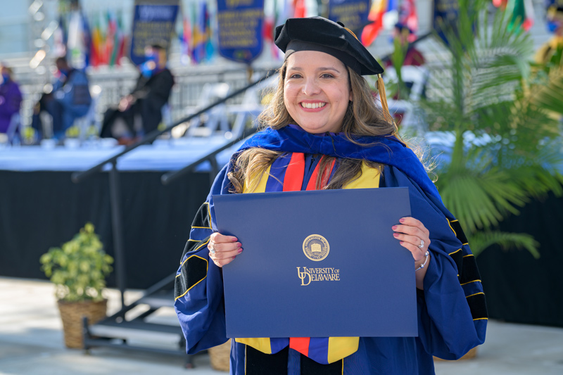 Hooding ceremony for 2020 and 2021 Doctoral Candidates, held on May 27th, 2021 in Delaware Stadium under the direction of UD President Dennis Assanis and Lou Rossi, Dean of the Graduate College and Vice Provost for Graduate and Professional Education.