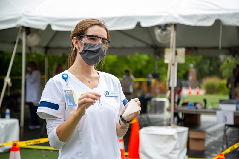 Students in the UD School of Nursing, along with other health sciences students, have been assisting with COVID-19 testing on campus during the fall semester. The training is a part of their curriculum and also gives them much needed clinical hours in order to graduate. Testing takes part on Harrington and Laird turfs.