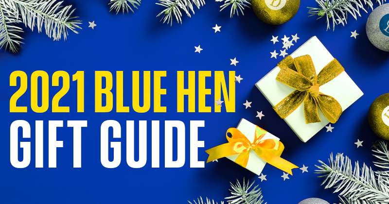 Blue and gold graphic with gifts and "2021 Blue Hen Gift Guide"