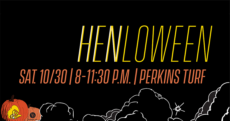 This black banner with two UD themed pumpkins and dark clouds advertises the 2021 Henloween program for Saturday October 30 from 8 to 11:30 pm on the turf behind Perkins Student Center