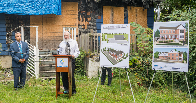The Chabad House press conference was held on August 30th, 2021 wtih speakers Rabbi Avremel (white shirt), President Dennis Assanis (blue shirt), Rabbi Chuni Vogel (white striped shirt/beard), Mayjor Jerry Clifton (gray shirt), Kevin Wilson (jacket/blue tie) - Principal Architectural Alliance, Paul Baumbach (white polo shirt) and Brian Townsend (light blue button down). 