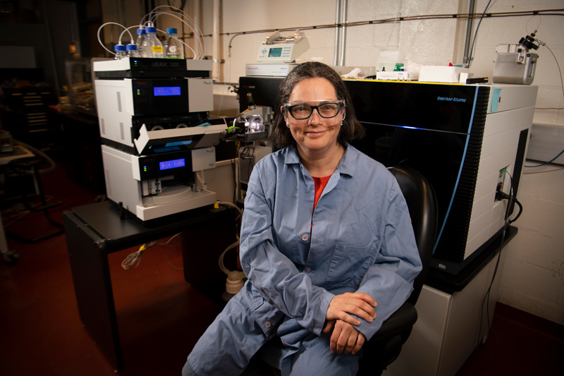 Sharon Rozovsky, University of Delaware associate professor of chemistry and biochemistry, with the new mass spectrometer in Brown Laboratory. Sharon Rozovsky, University of Delaware associate professor of chemistry and biochemistry, with the new mass spectrometer in Brown Laboratory.