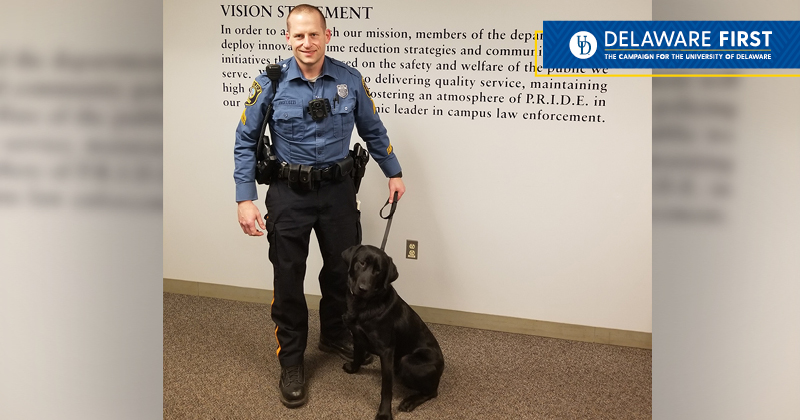 UDPD Corporal Harley Angelozzi and Shadow are working together to keep campus safe.