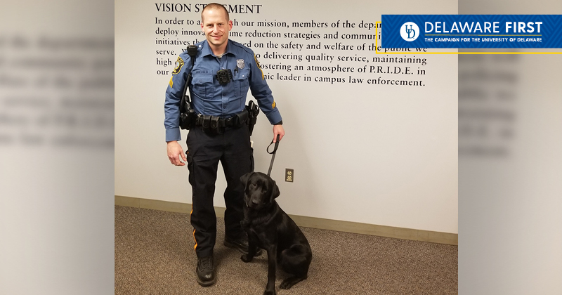 UDPD Corporal Harley Angelozzi and Shadow are working together to keep campus safe. UDPD Corporal Harley Angelozzi and Shadow are working together to keep campus safe.