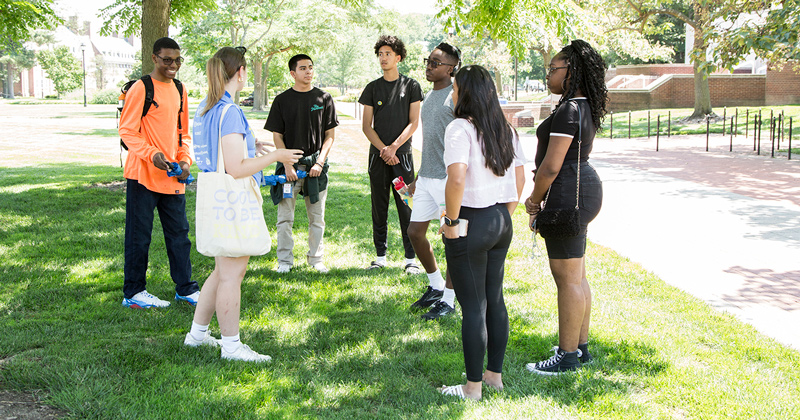 High school students participating in the Lerner Diversity Council Discovery Business Camp took a walking tour of the University of Delaware campus.