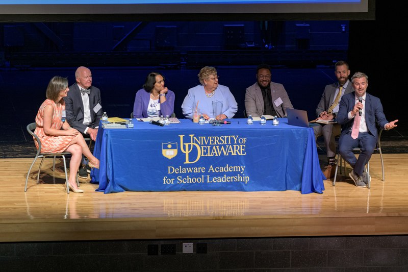 Pictured left to right, panel moderator Elizabeth Farley-Ripple, associate professor in the School of Education (SOE) and director of the Partnership for Public Education at the University of Delaware, leads a panel discussion among College of Education and Human Development (CEHD) experts Dean T. Henry, Human Resources Director of Brandywine School District Delethia McIntire, Delaware Academy of School Leadership Director (DASL) Jackie Wilson, Principal of Cedar Lane Elementary School Jerod Phillips, Director of Educator Effectiveness for the Delaware Department of Education Michael Saylor and Assistant Professor in the SOE Bryan VanGronigen.