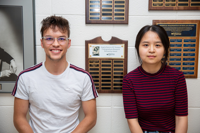 UD students Miguel Prysakar (left) and Wendy Zhao were the recipients of the Angela Santoro ’05 Research Award, which has helped them pursue undergraduate research in the Department of Medical and Molecular Sciences.