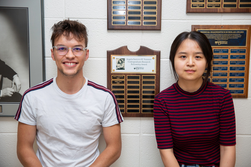 UD students Miguel Prysakar (left) and Wendy Zhao were the recipients of the Angela Santoro ’05 Research Award, which has helped them pursue undergraduate research in the Department of Medical and Molecular Sciences. UD students Miguel Prysakar (left) and Wendy Zhao were the recipients of the Angela Santoro ’05 Research Award, which has helped them pursue undergraduate research in the Department of Medical and Molecular Sciences.