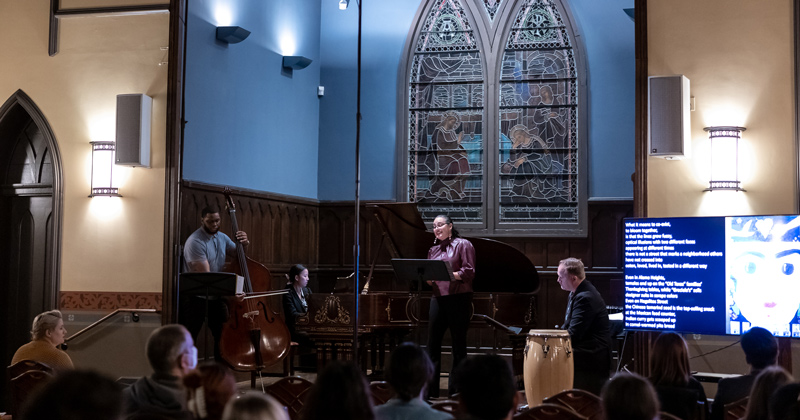 Noël Archambeault sings in Bayard Sharp Hall.