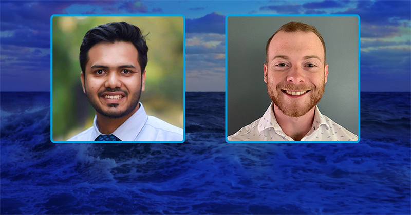 University of Delaware students Joy Deep Chakrabartty (left) and Grant Voirol (right) have received placements for their 2023 John A. Knauss Marine Policy Fellowships. Both students were nominated by Delaware Sea Grant to receive the fellowships. Chakrabartty has been placed in the National Oceanic and Atmospheric Administration’s National Environmental Satellite, Data and Information Service in their Satellite Oceanography and Climatology Division. Voirol will work with the Department of Transportation’s U.S. Committee on the Marine Transportation System. 