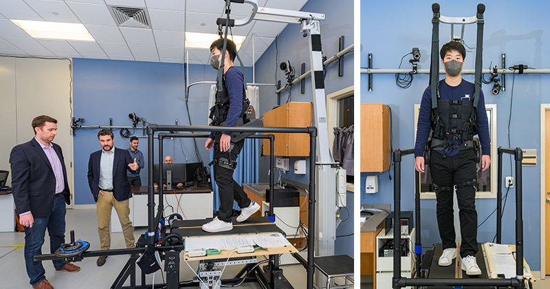 Doctoral student GilHwan Kim (right) using the adaptive treadmill device at the Human Robotics lab on UD’s Science, Technology and Advanced Research (STAR) Campus. 