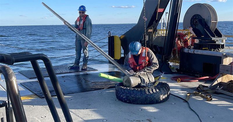 During the National Science Foundation’s STEM Student Experiences Aboard Ship (STEMSEAS) program, undergraduate students from UD got to work with equipment such as a vibracorer which is shown being set up here. This type of equipment allowed the students to get hands-on experience taking core samples of sediment from the seafloor. During the National Science Foundation’s STEM Student Experiences Aboard Ship (STEMSEAS) program, undergraduate students from UD got to work with equipment such as a vibracorer which is shown being set up here. This type of equipment allowed the students to get hands-on experience taking core samples of sediment from the seafloor.