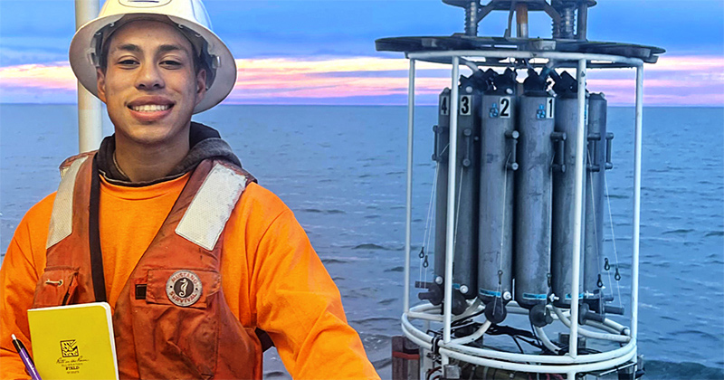 University of Delaware undergraduate student Jordan Rosales was one of six UD students who took part in the National Science Foundation’s STEM Student Experiences Aboard Ship (STEMSEAS) program in October. Rosales said the experience on the ship helped him realize that he wants to explore research relating to the geology of marine science. 