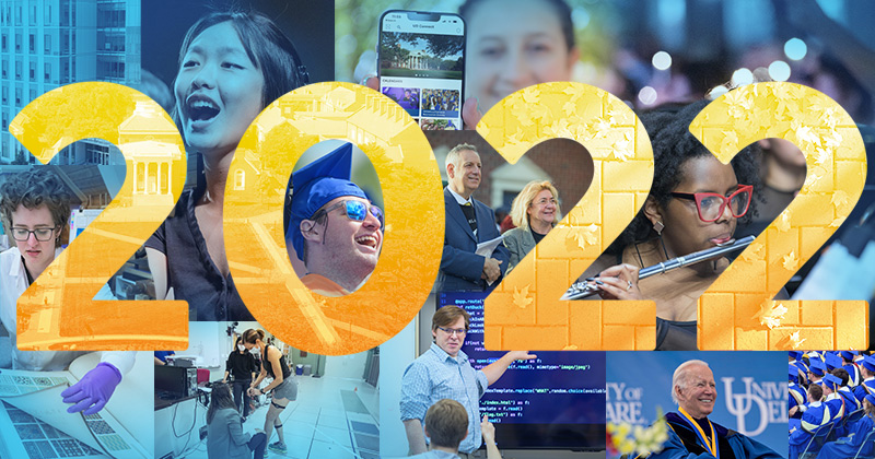 Photo collage of student success and faculty expertise on display at the University of Delaware