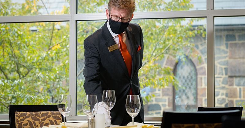 Lerner-Vita_Nova-Dining_Etiquette-092520 Nick Waller, an instructor with Hospitality Business Management and the Dining Room Manager for the Vita Nova restaurant.