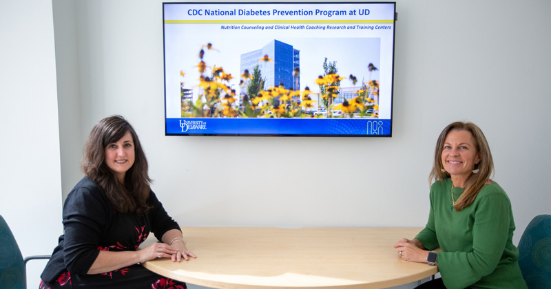 Donna Paulhamus, director of the Nutrition Clinic, and Tara Leonard, clinical director of the Health Coaching Clinic, collaborate to manage UD’s National Diabetes Prevention Program, PreventT2. Bringing these teams together provides the nutritional structure to guide the program as well as the clinical day-to-day planning of consistent success. 