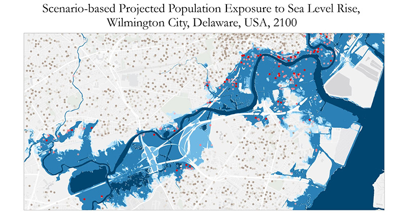 This year’s winner of the annual UD Student Competition for Geospatial Data Visualization uses dot density to symbolize population density, where 1 dot = 150 people. People exposed to sea level rise are shown as red dots, and unexposed brown dots. The saturation of the dots shows the probability of exposure. Places with higher densities of darker red dots are the most vulnerable, because there are likely a higher number of people who might be exposed to inundation hazards under multiple scenarios. The map can be used to estimate the number of people, their locations, and likelihoods to be exposed to coastal floods at the end of the 21st century.