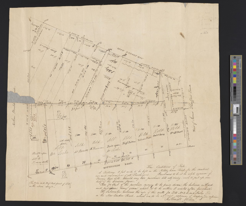 This map of Newark’s New London Road area is from the George G. Evans family papers at Special Collections in the UD Library. Special Collections recently digitized it to assist student Anisha Gupta with her research on the community of Black residents who bought property and built homes and churches in this west Newark neighborhood. 