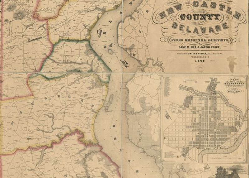 This 1849 map of New Castle County, Delaware, showing the wider area near Newark, is from original surveys by Samuel Rea and Jacob Price and is one of the earliest county wall maps produced in the United States. Students in the “Race and Inequality in Delaware” class used it and other maps extensively as primary sources.