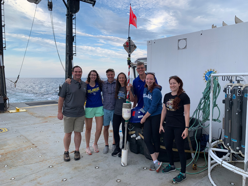 Members of the science party include Co-Chief Scientist Shawn Polson, Amelia Harrison, Bruce Kingham, Barbra Ferrell, Co-Chief Scientist Eric Wommack, Rachel Keown, and Amanda Zahorik. The science party successfully deployed and retrieved their MetOcean drifter buoy for two experiments on either side of the Gulf Stream. The team worked around the clock to collect, isolate, and sequence DNA from ocean viruses.