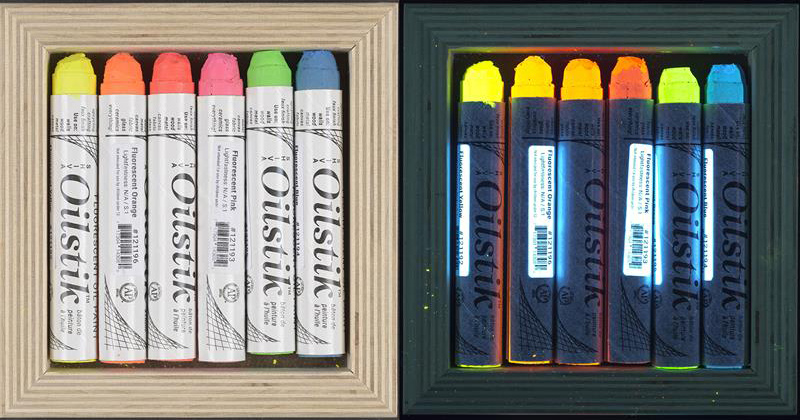 The art lesson toolkits include modern fluorescent oil sticks, seen here in visible light (left) and ultraviolet light (right). The art lesson toolkits include modern fluorescent oil sticks, seen here in visible light (left) and ultraviolet light (right).