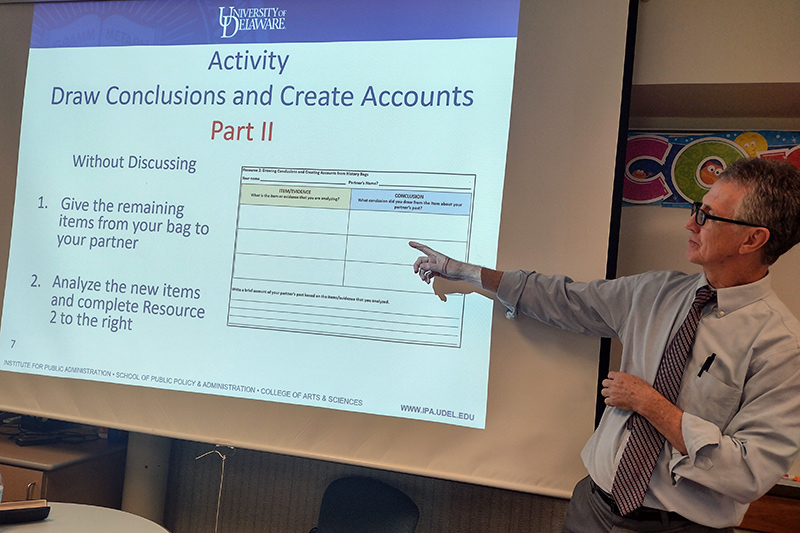 Fran O’Malley engages fourth-grade educators in an activity to practice and discuss the model lesson plans and new Delaware standards for social studies.