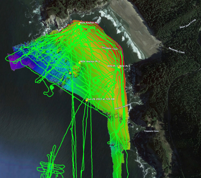 The green track lines illustrate the sonar survey coverage completed by the UD team.