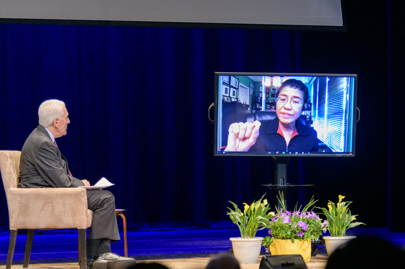Nobel Peace Prize winning journalist Maria Ressa made a virtual appearance at the University of Delaware in late April, at a conversation entitled “Exposing Truth, Challenging Power.” Nobel Peace Prize winning journalist Maria Ressa made a virtual appearance at the University of Delaware in late April, at a conversation entitled “Exposing Truth, Challenging Power.”